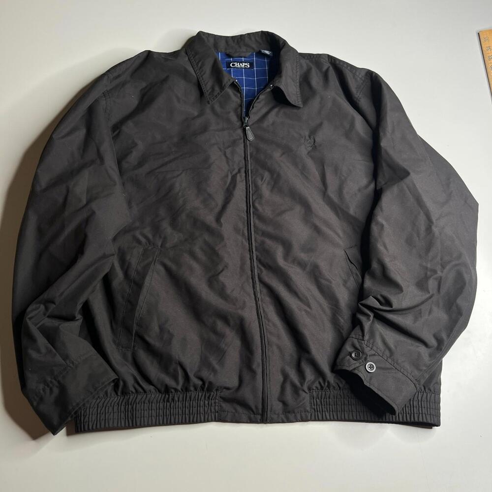 Chaps Harrington Jacket Men’s XL Black Lined Windbreaker Scovill Zip Plaid Linin